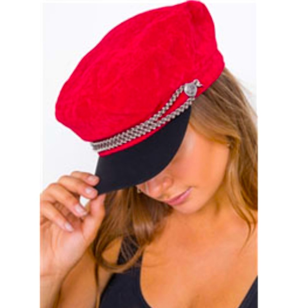 Red & Black Cabby Hat w/ Braided Leather